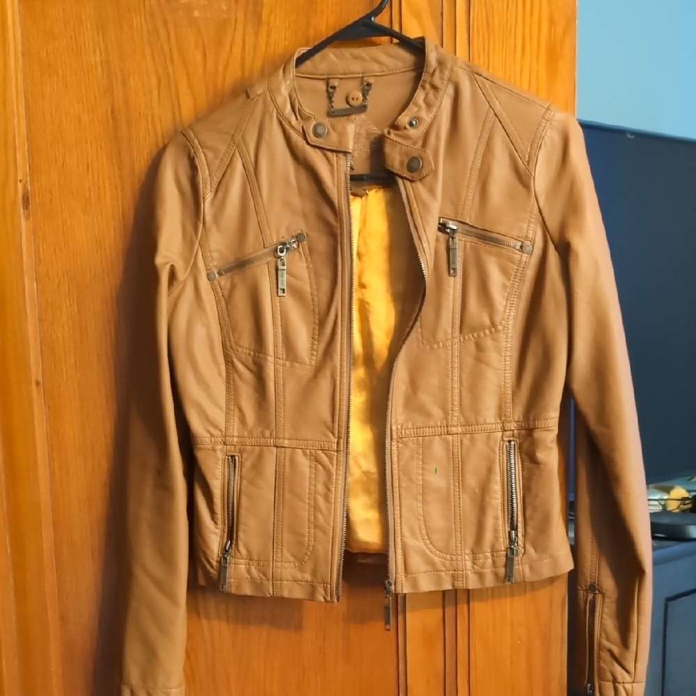 Jou Jou Tan Leather Jacket with Zipper Accents